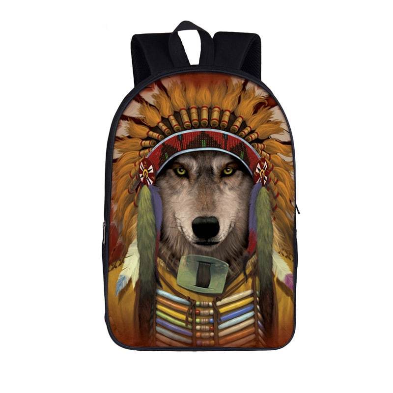 Pleasing Native American Dressed Wolf Serious Look Backpack - Saiyan Stuff