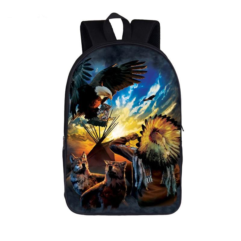 Two Wolves Native American And Eagle On Day Break Backpack - Saiyan Stuff